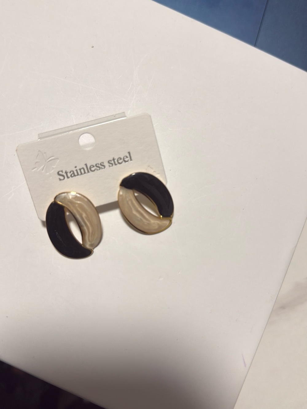 Stainless Steel Two-Tone Black and Cream Hoop Earrings